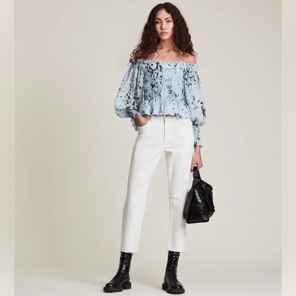 AllSaints || Lara Portland Top Smocked Puff Sleeve Blue US 8 NWT - Picture 1 of 9